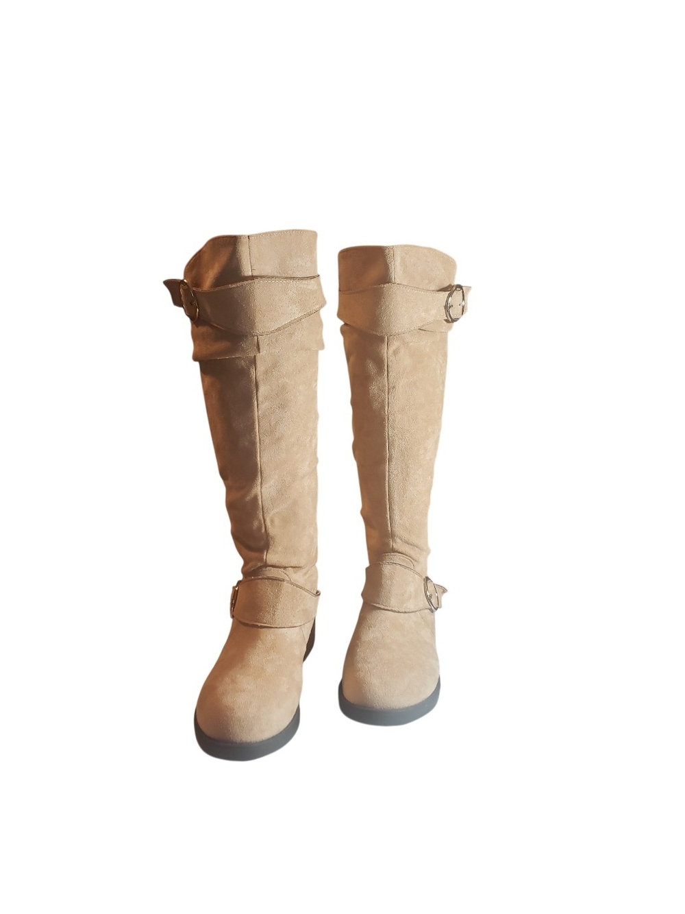 Women's sz 6.5 tall buckle knee-high boots - beige